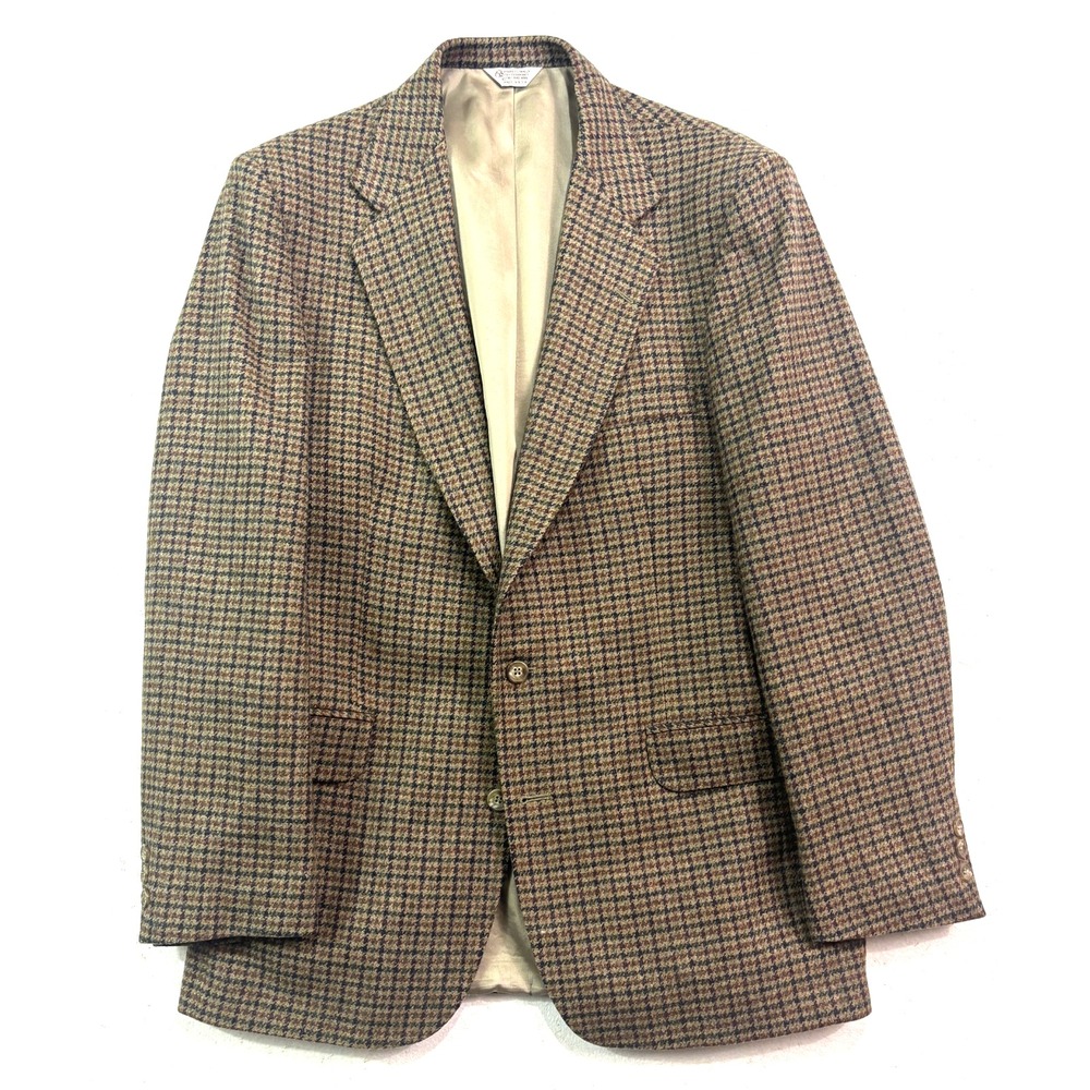 VTG 90s Brown Houndstooth Tweed 43L 44L Blazer Jacket Sport‎ Suit Coat USA Wool